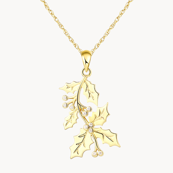 14K Gold Vermeil Holly December Birth Flower Necklace with Pave Zircon