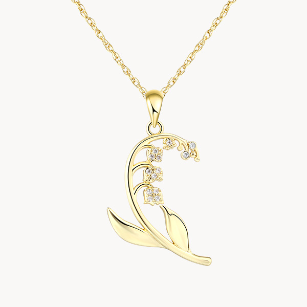 14K Gold Vermeil Lily of the Valley April Birth Flower Necklace with Pave Zircon