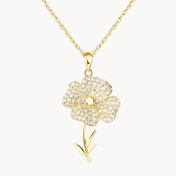 14K Gold Vermeil Poppy August Birth Flower Necklace with Pave Zircon
