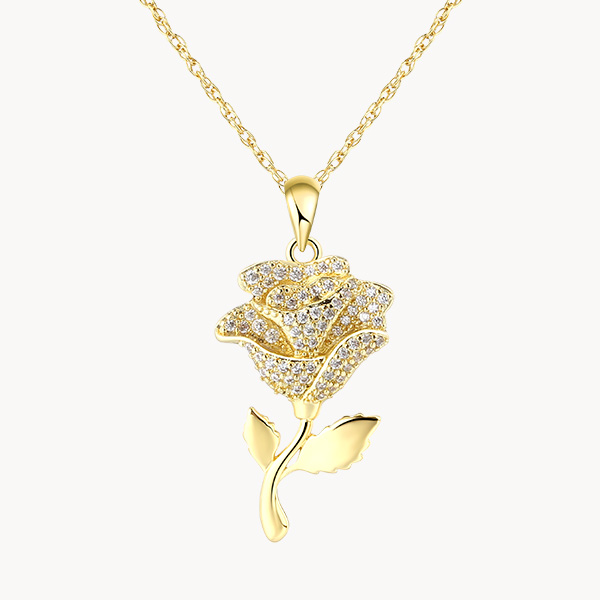 14K Gold Vermeil Rose June Birth Flower Necklace with Pave Zircon