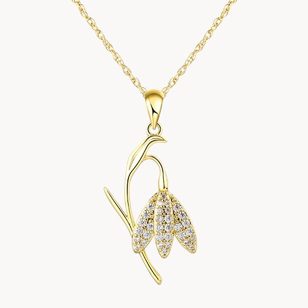 14K Gold Vermeil Snowdrop January Birth Flower Necklace with Pave Zircon