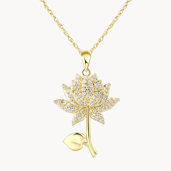 14K Gold Vermeil Water Lily July Birth Flower Necklace with Pave Zircon