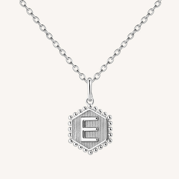 Letter E Beaded Pendant Necaklace in Sterling Silver