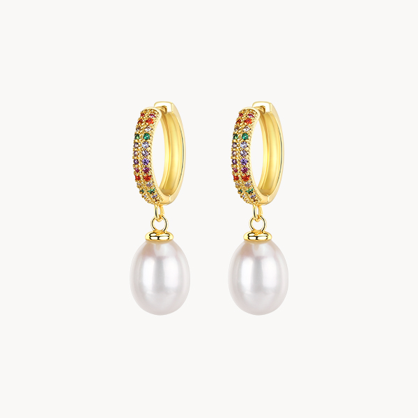 Oval Pearl Drop Earring with Pave Multicolor Zircon