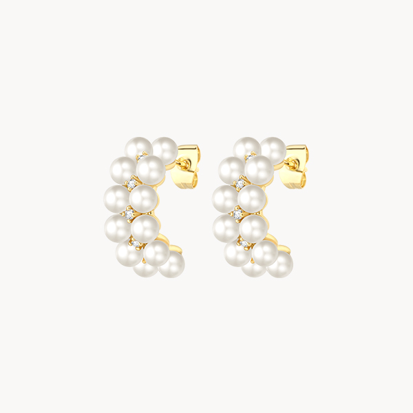 Pearl Cluster Gold Half Hoop Stud Earrings
