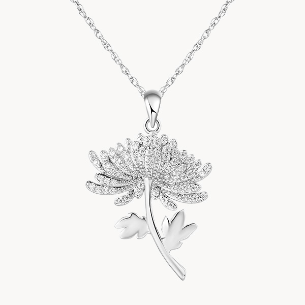 Sterling Silver Chrysanthemum November Birth Flower Necklace with Pave Zircon
