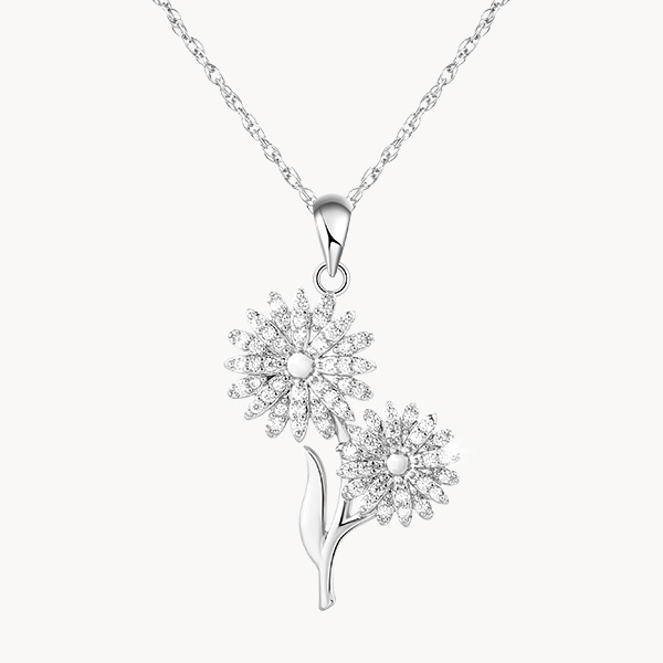 Sterling Silver Cosmos October Birth Flower Necklace with Pave Zircon
