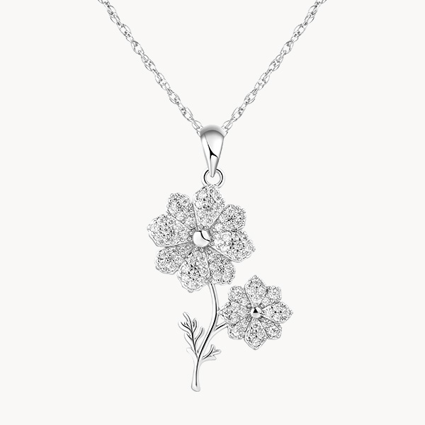 Sterling Silver Daisy April Birth Flower Necklace with Pave Zircon
