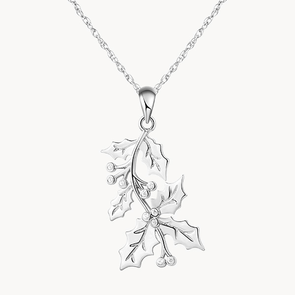 Sterling Silver Holly December Birth Flower Necklace with Pave Zircon