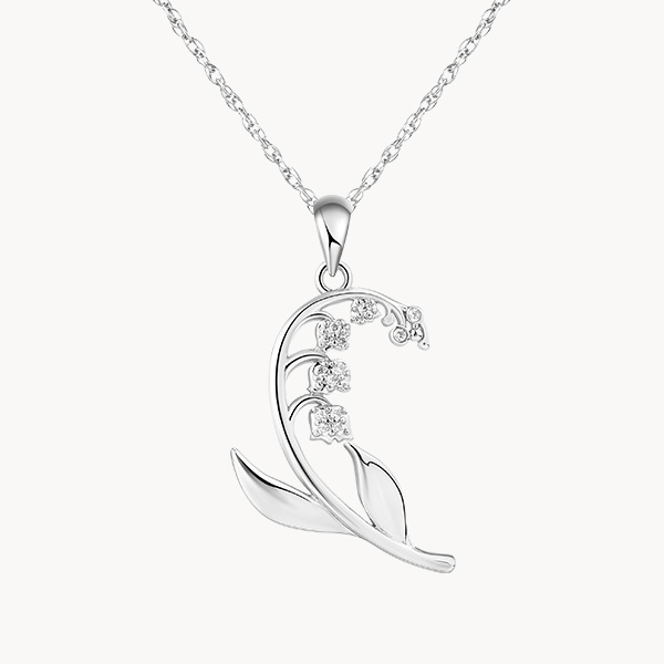 Sterling Silver Lily of the Valley April Birth Flower Necklace with Pave Zircon