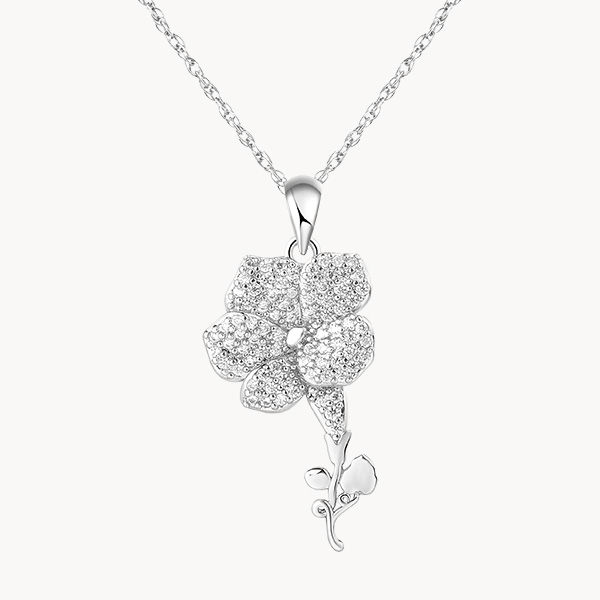Sterling Silver Morning Glory September Birth Flower Necklace with Pave Zircon