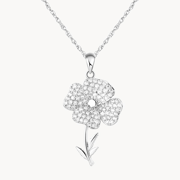 Sterling Silver Poppy August Birth Flower Necklace with Pave Zircon