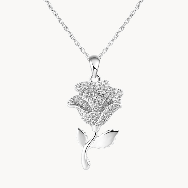 Sterling Silver Rose June Birth Flower Necklace with Pave Zircon