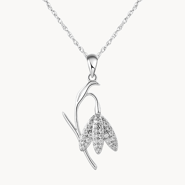 Sterling Silver Snowdrop January Birth Flower Necklace with Pave Zircon