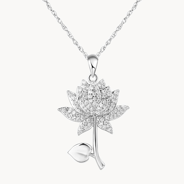 Sterling Silver Water Lily July Birth Flower Necklace with Pave Zircon