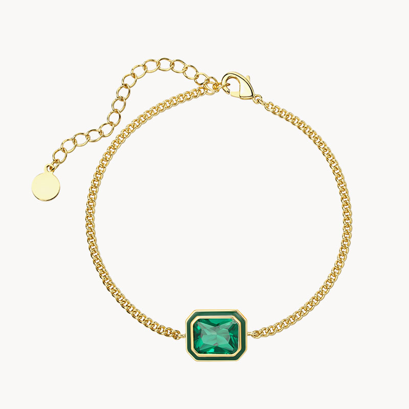 14k Gold Vermeil Green Enamel Emerald-cut Bracelet in Green Crystal