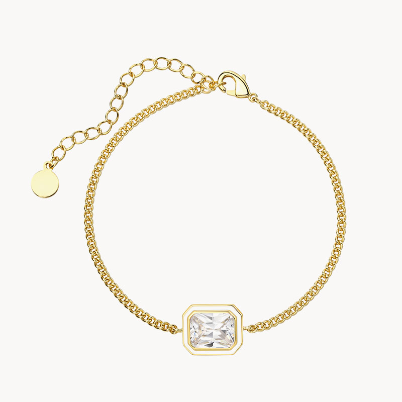14k Gold Vermeil White Enamel Emerald-cut Bracelet in White Crystal