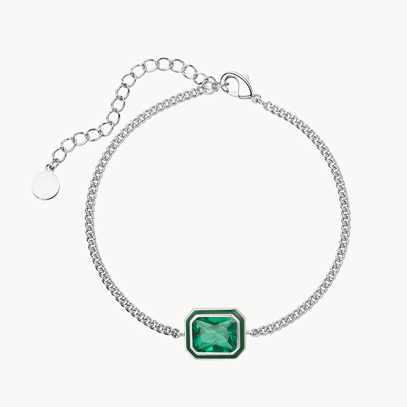 Silver Green Enamel Emerald-cut Bracelet in Green Crystal