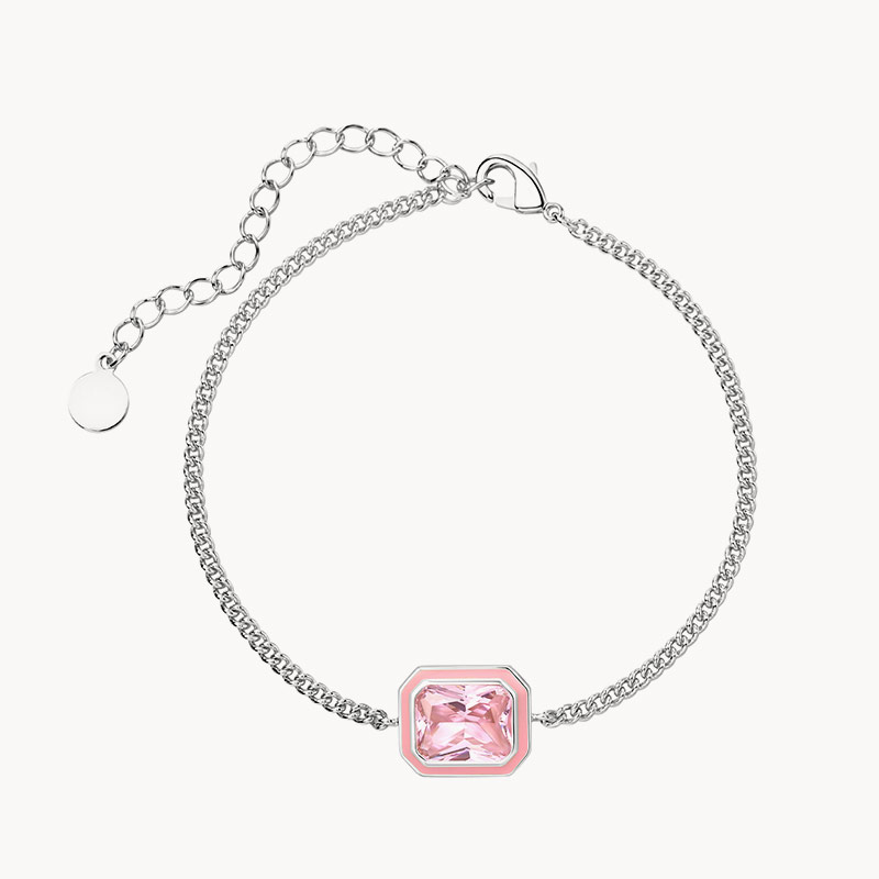 Silver Pink Enamel Emerald-cut Bracelet in Pink Crystal