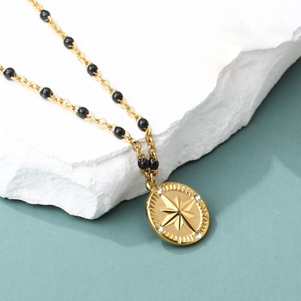 Compass Pendant Necklace with Black Enamel Beaded Chain