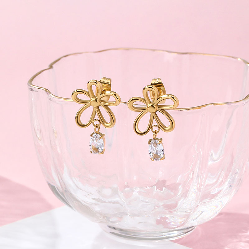 Openwork Flower Drop Earrings with Oval Crystal